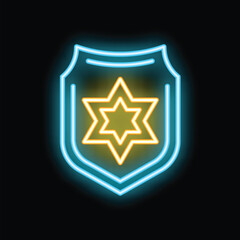 Obraz premium Neon sign in the shape of a shield featuring a star of david, symbolizing jewish identity and faith