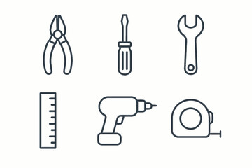 Fototapeta premium Simple line art icons of hand tools including pliers, screwdriver, wrench, ruler, drill, and tape measure