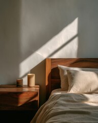 A bed with a white pillow and a candle on a nightstand