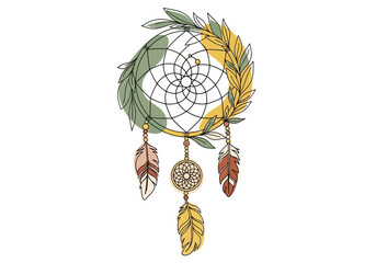 Dreamcatcher with Feathers and Leaves Illustration.