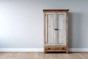 Rustic wooden cupboard stands against a minimalist wall backdrop indoors