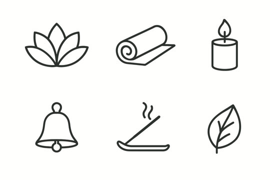 Minimalist meditation icons: yoga mat, candle, lotus, bell, incense, leaf