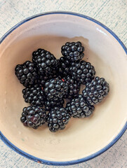 Blackberry freshly picked in a bowl. Fresh harvest. Garden lifestyle.
