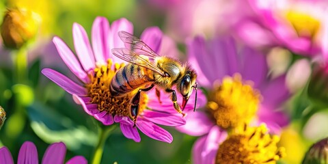 A honey bee with yellow and black striped body, collecting pollen from a pink flower with yellow centers, in a blurred green and yellow background with a sunlit pink flower in the foreground.