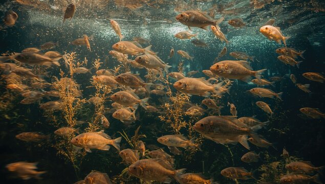 Blurred motion effect with selective focus on numerous fish in a spacious aquarium