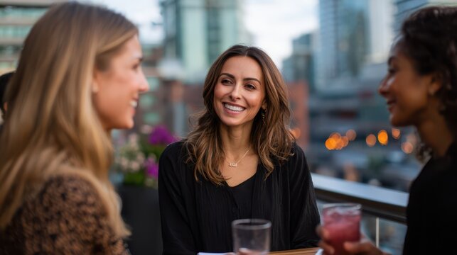Smiling woman talking with friends during evening on city rooftop terrace, enjoying relaxed social atmosphere with drinks, representing friendship, connection, and modern lifestyle