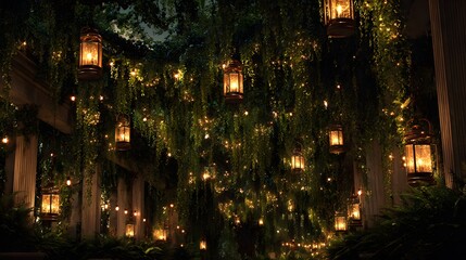 Intricately Detailed Romantic Outdoor Garden Scene with Antique Lanterns and Verdant Vines Illuminated by a Soft Warm Glow