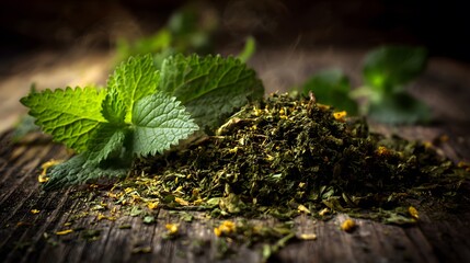 Artistic Close-Up of Botanical Herbal Blend: Detailed View of Lemon Balm and Cats Claw on a Rustic Wooden Backdrop with Vivid Textures