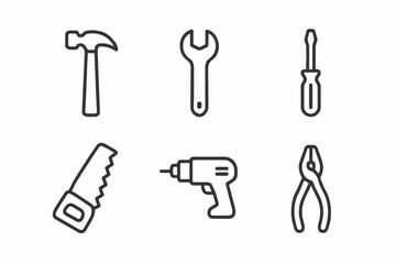 Fototapeta premium Set of six outline tools: hammer, wrench, screwdriver, saw, drill, pliers icons