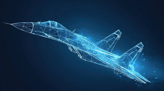 Abstract fighter jet. Digital military supersonic airplane. Technology innovation speed concept. Abstract wireframe aircraft consist of connected dots.