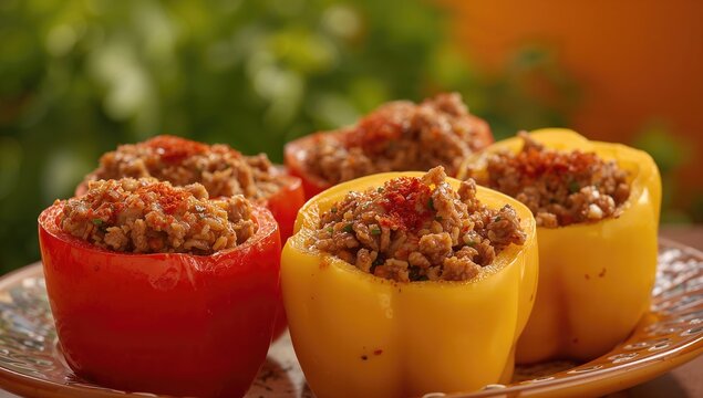 Meat and rice-filled red and yellow bell peppers