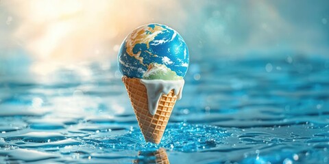 A melting ice cream cone with a globe inside, floating on water with a blue sky in the background.