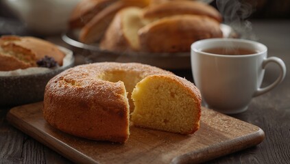 Naklejka premium Freshly baked sponge cake and tea arranged on a wooden table, ideal for afternoon gatherings