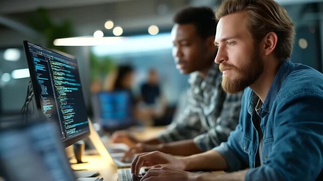 Engineers in an AI startup office code advanced algorithms discussing machine learning models whiteboards with equations a collaborative vibe AI algorithm development startup