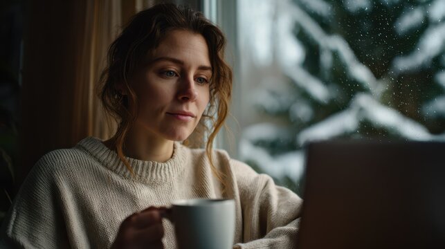 Young woman working on a laptop while drinking coffee by a window during winter, with snow-covered trees outside, symbolizing remote work, coziness, and modern lifestyle balance
