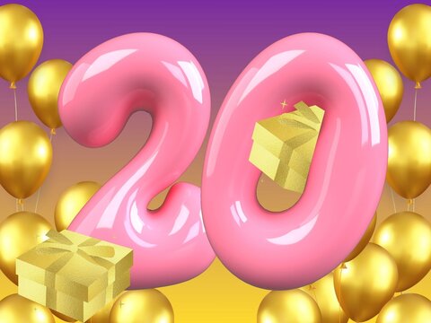 Pink number 20 with gold balloons and gift boxes for celebration  