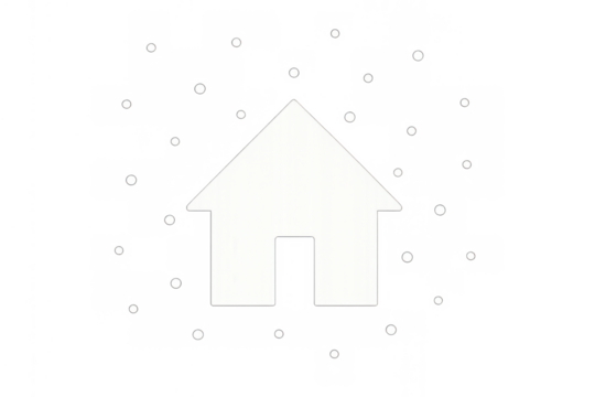 White simple house icon with snowflakes falling, representing home ownership, real estate, and winter themes on transparent background