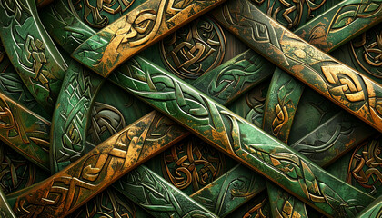 Intricate interwoven Celtic knotwork pattern with golden and green hues, detailed close-up.