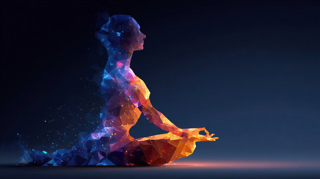 Yoga body woman health polygon 3d science . Futuristic low poly yogi in lotus asana with matrix code rain, meditation human silhouette, digital aura, chakra balance concept.