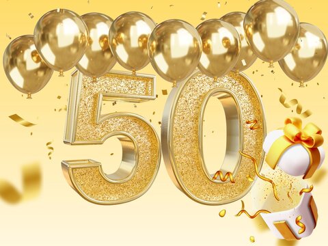 Golden 50th birthday celebration with balloons and confetti background - Powered by Adobe