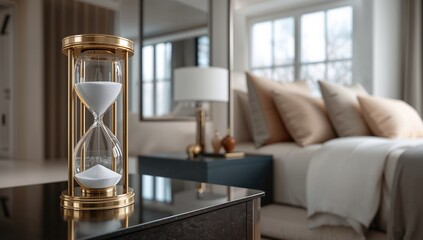 Contemporary bedroom design featuring a crystal hourglass marking the countdown to a deadline