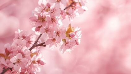 Obraz premium Fresh pink cherry blossoms in soft spring setting, ideal for seasonal themes