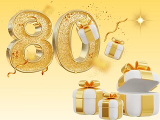 Golden 80th birthday celebration with decorated gifts on yellow background