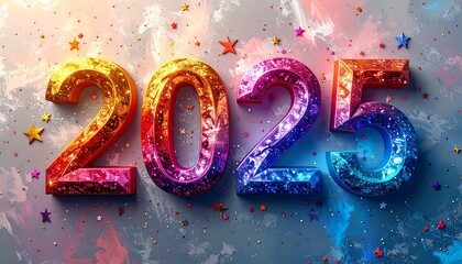 Glittering digits display the year 2025 against a soft, swirling background, sprinkled with colorful star shapes and confetti