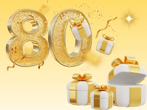 Golden 80th birthday celebration with decorated gifts on yellow background  