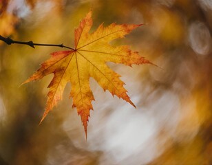 Golden and orange maple leaves dangle from branches, captured in a soft blur. The background features warm autumn tones, enhancing the seasonal beauty Generative AI