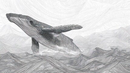 Dramatic whale breach illustration ocean waves and marine life concept