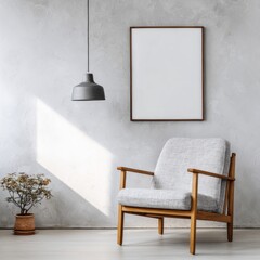 Interior setting features a mid-century modern armchair beneath a hanging lamp and next to a blank wall frame