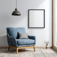Minimalist interior setting features a plush blue armchair beneath a hanging light fixture beside a blank picture frame