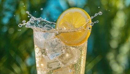 Alcoholic beverage with lemon and ice splash, refreshing citrus flavor, tropical cocktail option