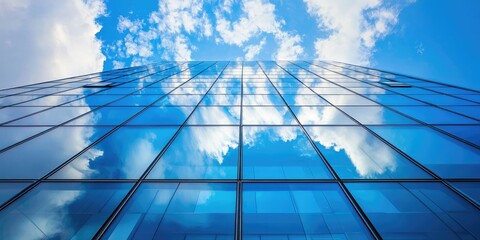 A modern glass skyscraper with reflective windows, reflecting a blue sky with white clouds.