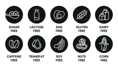 Set allergen free icons. Allergen free label products. Free lactose, gluten, sugar, corn, egg, trans fat, dairy, soy, nuts, caffeine, symbol, logo, badge, black, vector, isolated on white background.