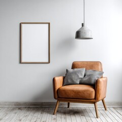 Minimalist interior space features a blank wooden frame hanging above a leather armchair under a hanging light fixture