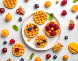 Overhead shot of waffles with fruit, arranged on a white surface