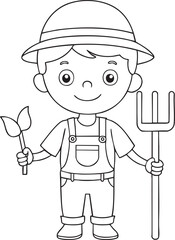 Charming cartoon farmer child holding seedling and pitchfork ready for agricultural fun