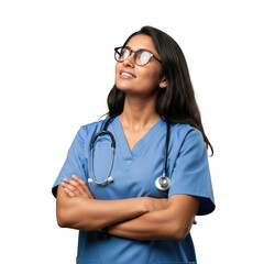 Indian nurse looking up with arms crossed isolated on transparent background