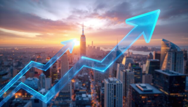 Digital arrows directed upwards over a city skyline with skyscrapers, indicating advancement and development in an urban environment - Powered by Adobe