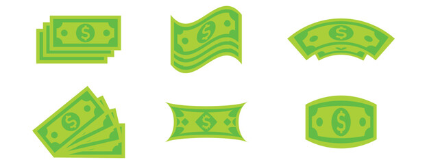 Collection of Bright Green Dollar Currency Banknote Icons in Various Flat Styles, Finance and Economy Symbols