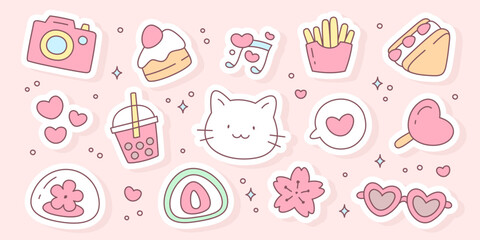 Kawaii sticker set. Collection of cute illustrations in pastel colors including cat, camera, fries, bubble tea, sunglasses, desserts, hearts, flowers and more. Lovely design elements for girls. 