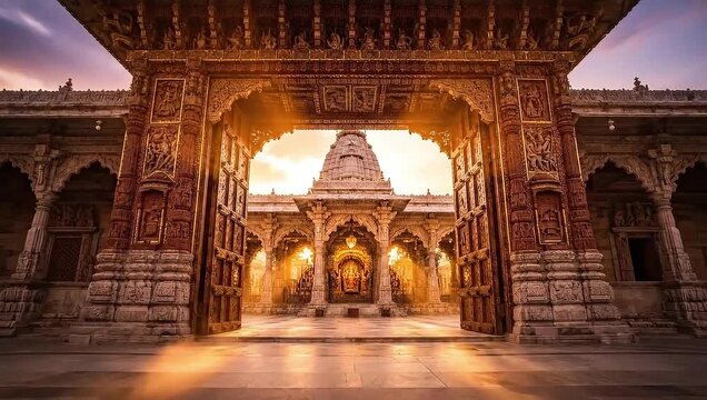 iskcon majestic hindu temple doors sun rays indian spirituality