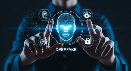 Person touching a digital screen displaying a wireframe face, artificial intelligence icons, and the word deepfake