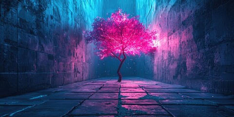A vibrant, surreal tree with pink and purple leaves stands in a dark, narrow corridor with blue and purple walls, creating a dreamlike atmosphere.