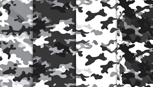 Four grayscale camouflage patterns in various shades of gray, white, and black, simulating textures for backgrounds and design elements