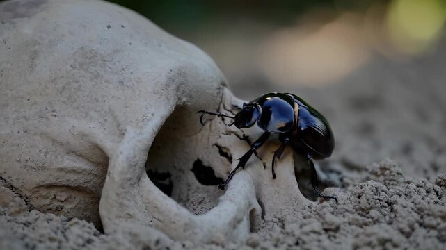 A beetle crawls on a weathered skull, exploring its hollowed eye socket and textured surface. This close-up view of the skull and beetle highlights the intricate details of both el