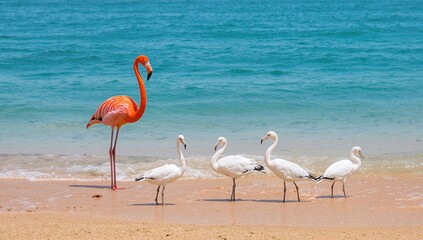 Graceful flamingo and white birds wading in a watery setting, summer vibes, nature scene, coastal beauty