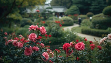 Lush Rose Garden with Vibrant Blooms, Seasonal Change